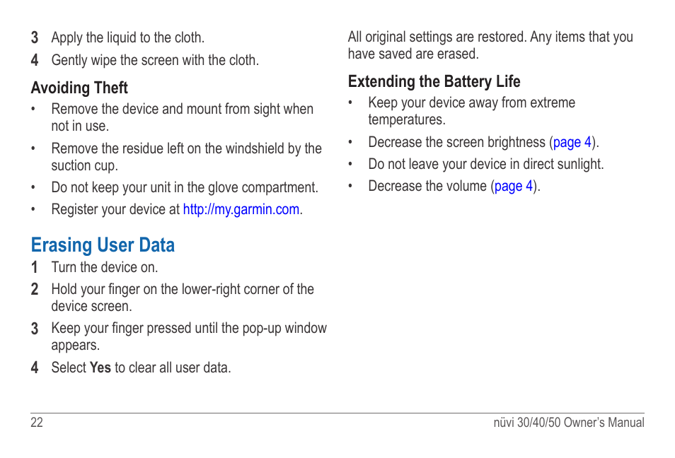 Erasing user data | Garmin nuvi 50LM User Manual | Page 26 / 32