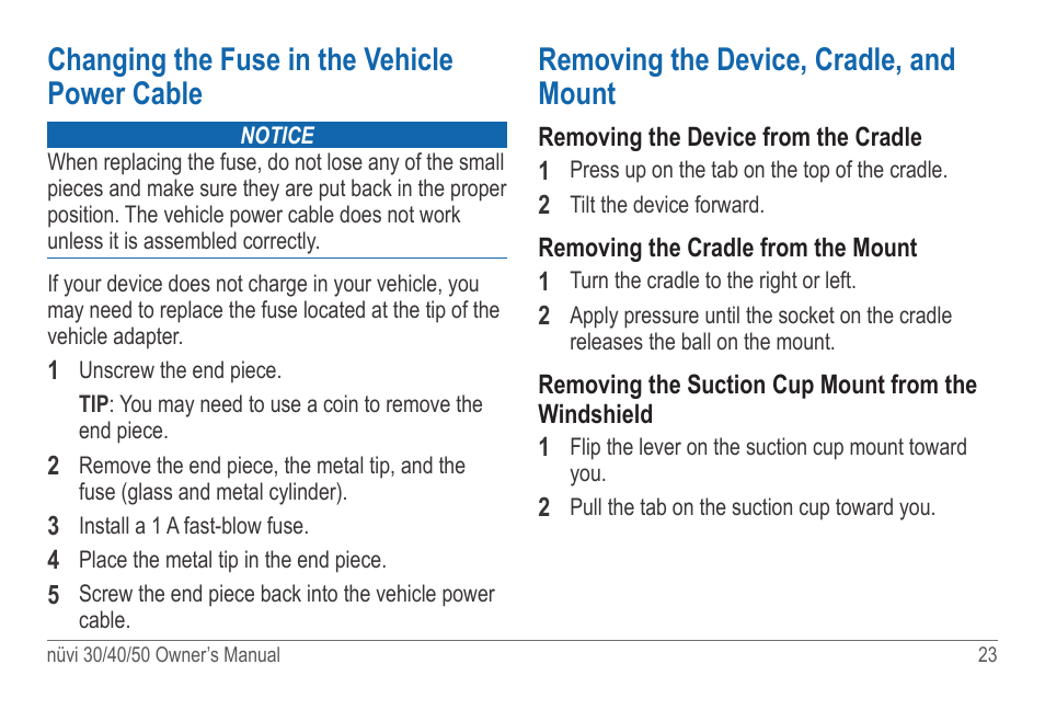 Changing the fuse in the vehicle power cable, Removing the device, cradle, and mount | Garmin nuvi 50LM User Manual | Page 27 / 32