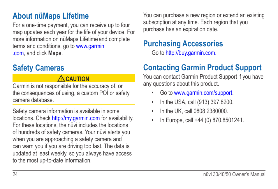 About nümaps lifetime, Safety cameras, Purchasing accessories | Contacting garmin product support | Garmin nuvi 50LM User Manual | Page 28 / 32