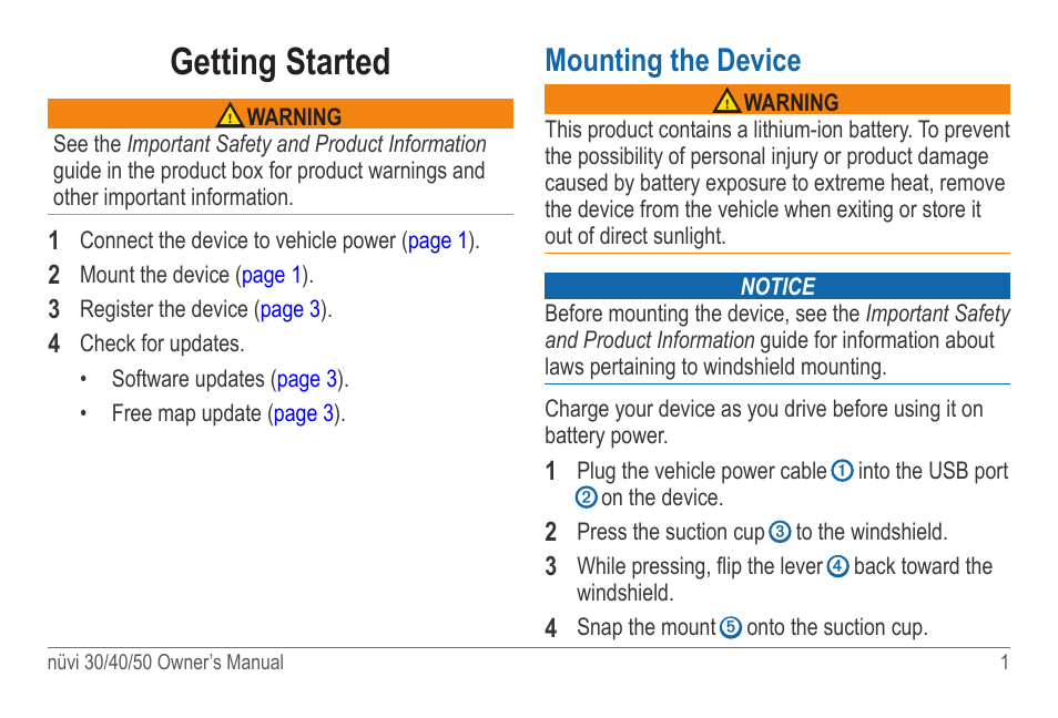 Getting started, Mounting the device | Garmin nuvi 50LM User Manual | Page 5 / 32