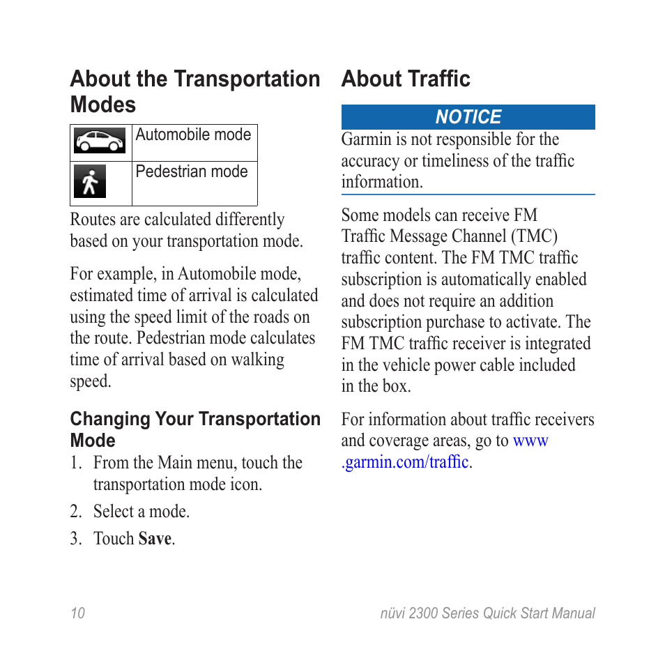 About the transportation modes, About traffic | Garmin nuvi 2370LT User Manual | Page 10 / 12