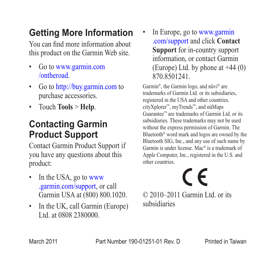 Getting more information, Contacting garmin product support | Garmin nuvi 2370LT User Manual | Page 12 / 12