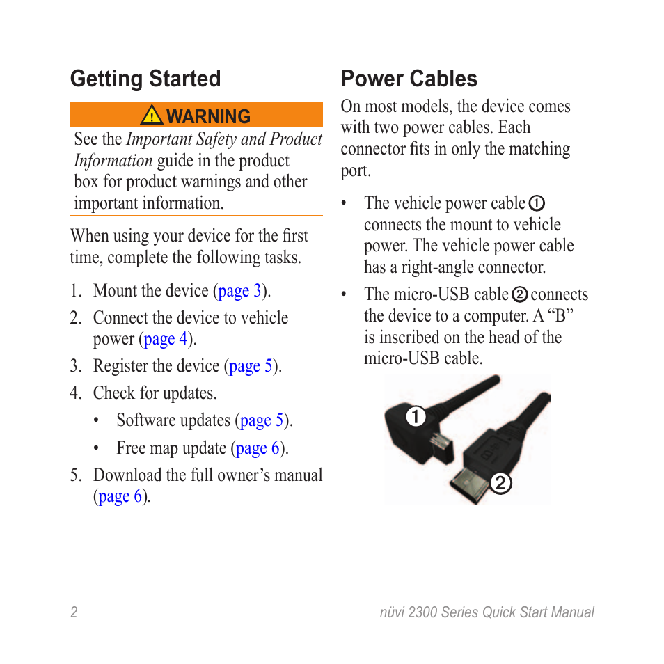 Getting started, Power cables | Garmin nuvi 2370LT User Manual | Page 2 / 12