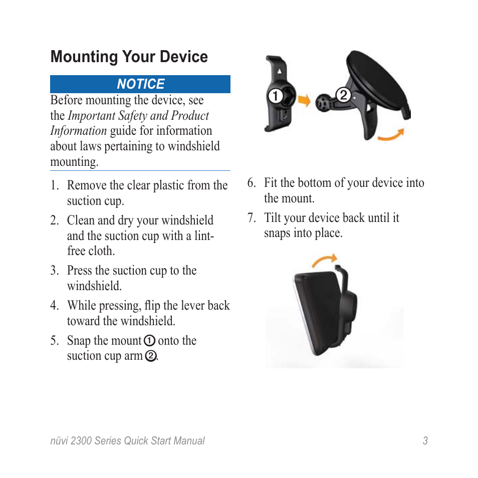 Mounting your device | Garmin nuvi 2370LT User Manual | Page 3 / 12
