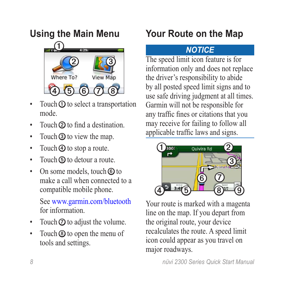 Using the main menu, Your route on the map | Garmin nuvi 2370LT User Manual | Page 8 / 12