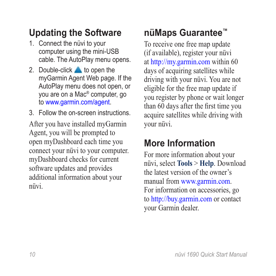 More information, Nümaps guarantee, Updating the software | Garmin nuLink! 1690 User Manual | Page 10 / 12