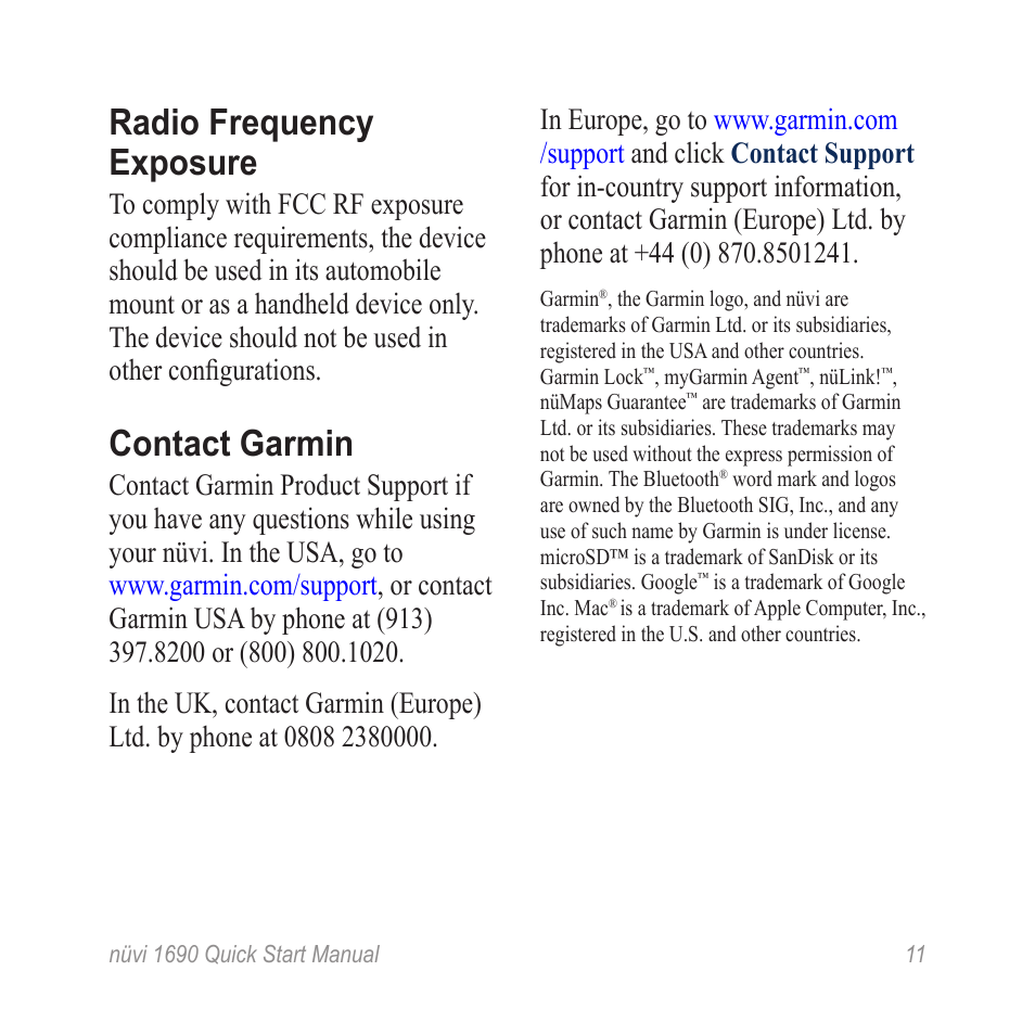 Contact garmin, Radio frequency exposure | Garmin nuLink! 1690 User Manual | Page 11 / 12