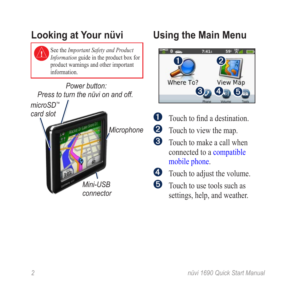 Looking at your nüvi, Using the main menu | Garmin nuLink! 1690 User Manual | Page 2 / 12