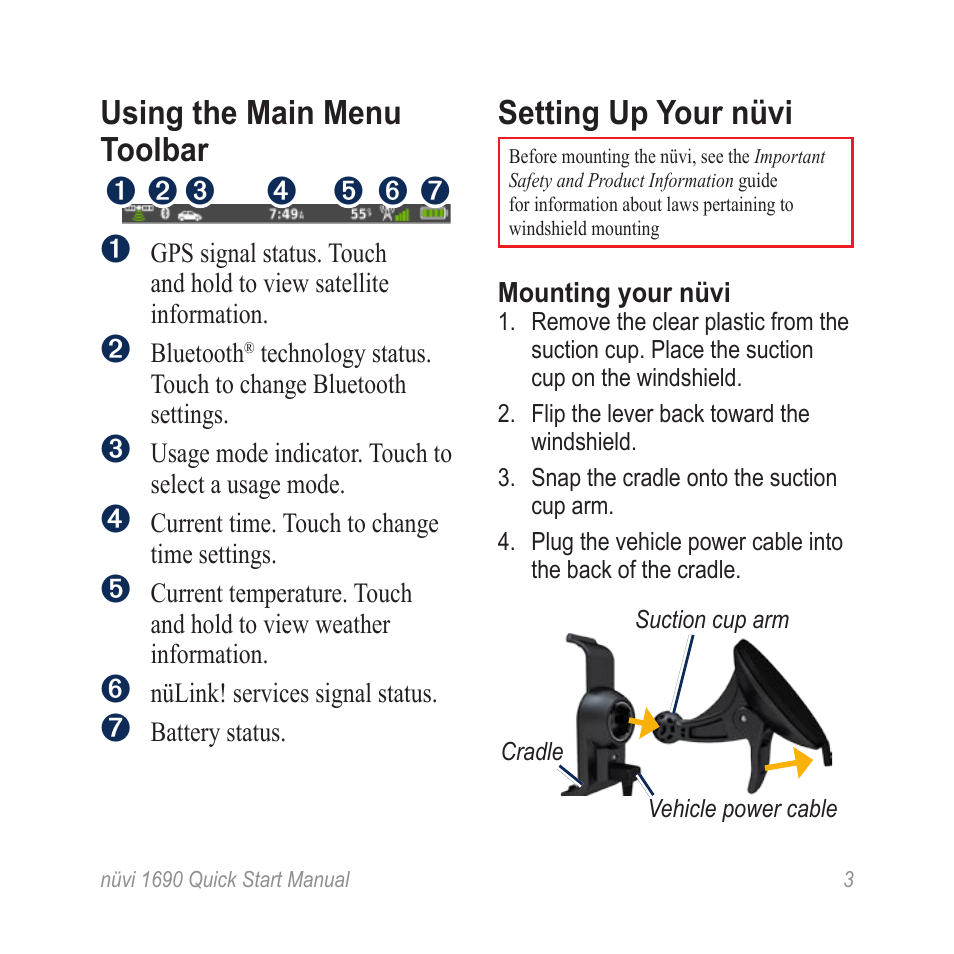 Using the main menu toolbar, Setting up your nüvi | Garmin nuLink! 1690 User Manual | Page 3 / 12