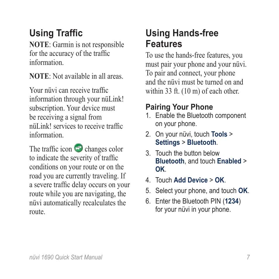 Using hands-free features, Using traffic | Garmin nuLink! 1690 User Manual | Page 7 / 12