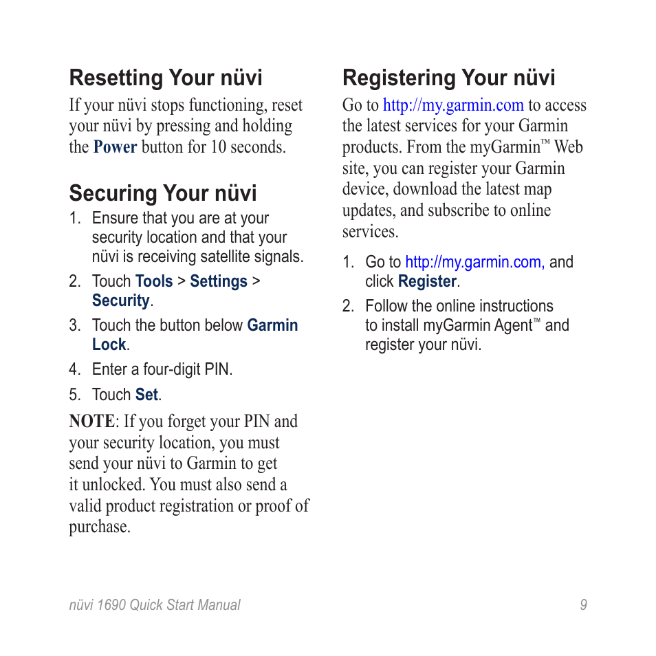 Registering your nüvi, Securing your nüvi, Resetting your nüvi | Garmin nuLink! 1690 User Manual | Page 9 / 12