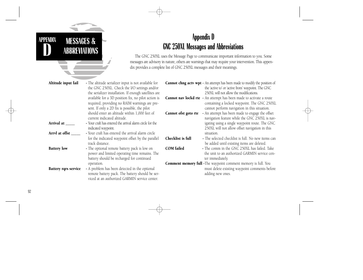 Messages & abbreviations, Appendix d gnc 250xl messages and abbreviations | Garmin GNC 250XL User Manual | Page 102 / 118