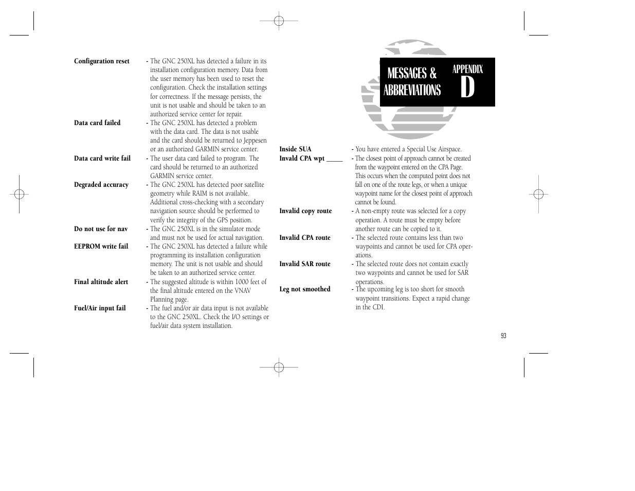 Messages & abbreviations, Appendix | Garmin GNC 250XL User Manual | Page 103 / 118