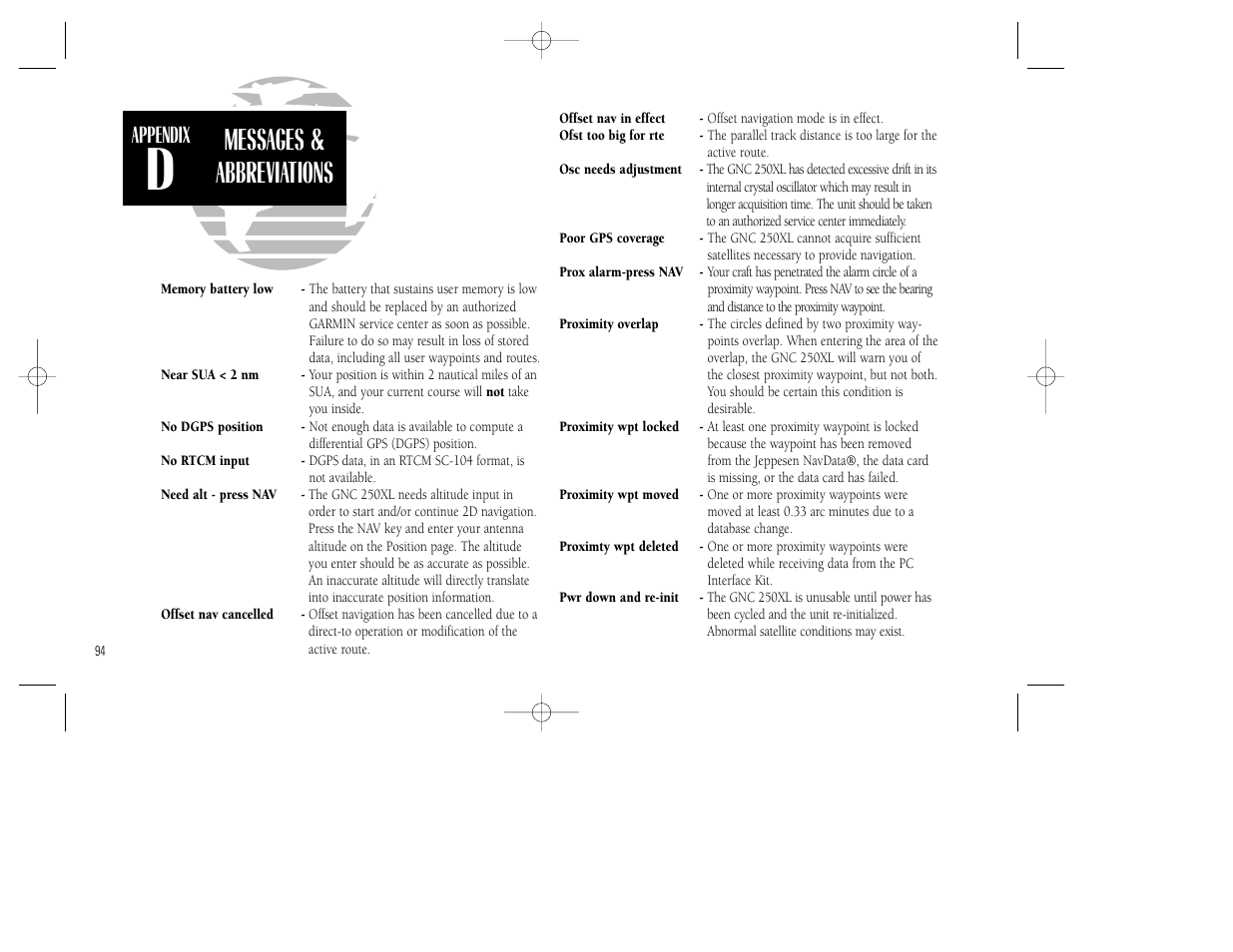 Messages & abbreviations, Appendix | Garmin GNC 250XL User Manual | Page 104 / 118