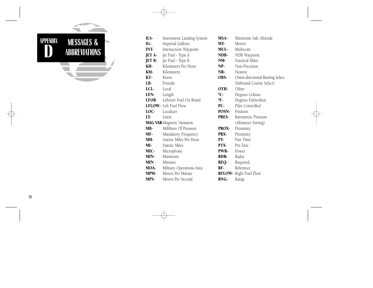 Messages & abbreviations, Appendix | Garmin GNC 250XL User Manual | Page 108 / 118