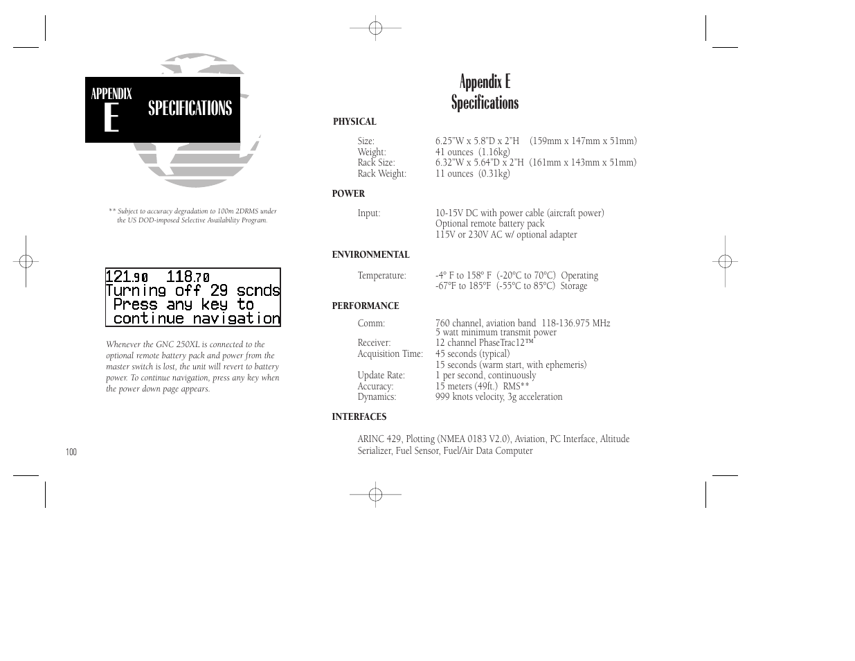 Specifications, Appendix e specifications | Garmin GNC 250XL User Manual | Page 110 / 118