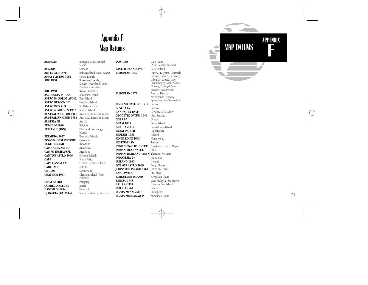 Map datums appendix f map datums, Appendix | Garmin GNC 250XL User Manual | Page 111 / 118