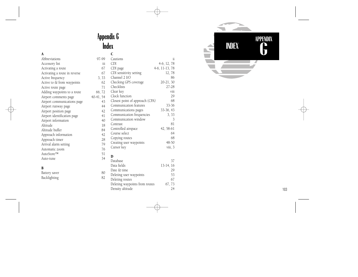 Index, Appendix g index, Appendix | Garmin GNC 250XL User Manual | Page 113 / 118