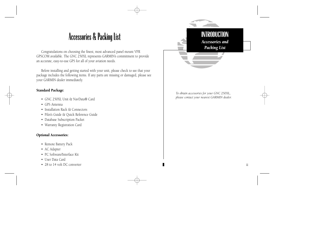 Accessories & packing list, Introduction | Garmin GNC 250XL User Manual | Page 5 / 118