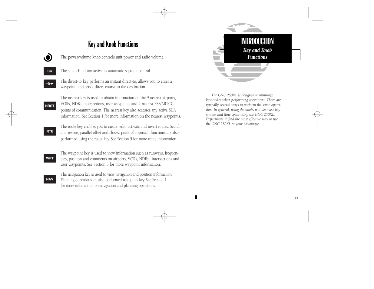 Introduction, Key and knob functions b | Garmin GNC 250XL User Manual | Page 9 / 118