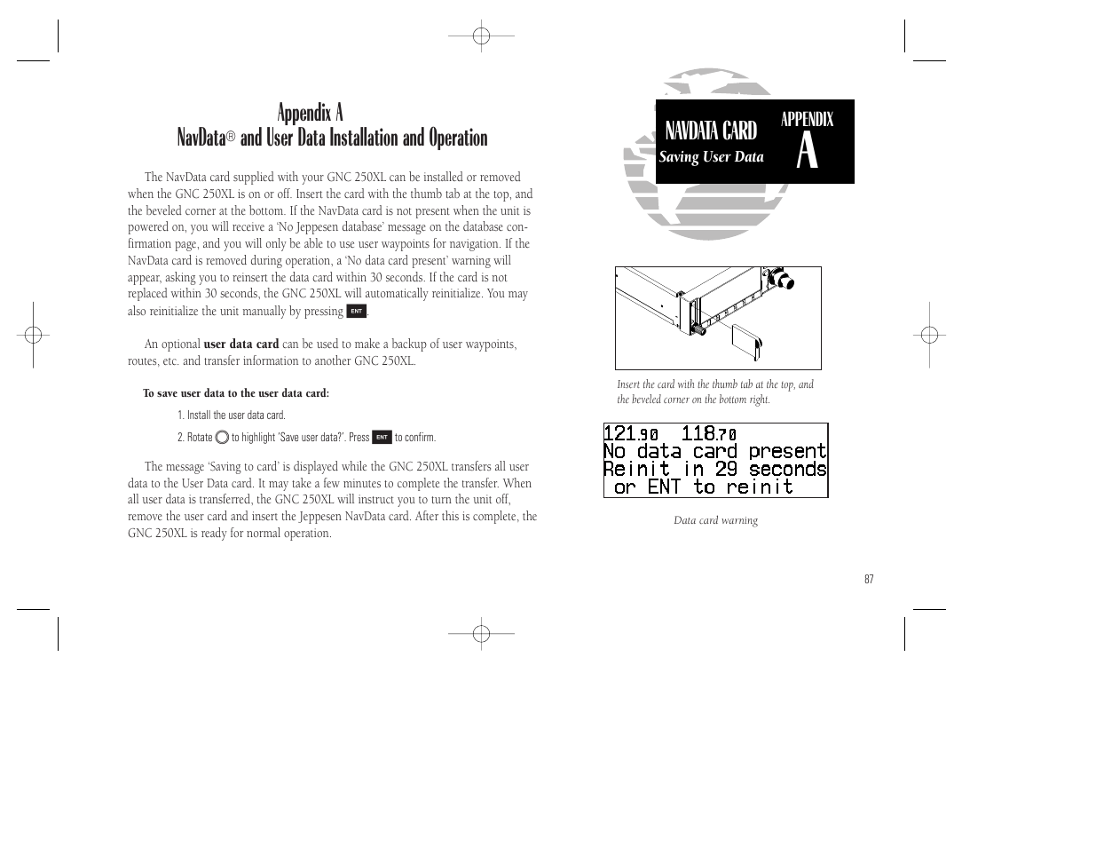 Navdata card, Appendix a navdata, And user data installation and operation | Garmin GNC 250XL User Manual | Page 97 / 118