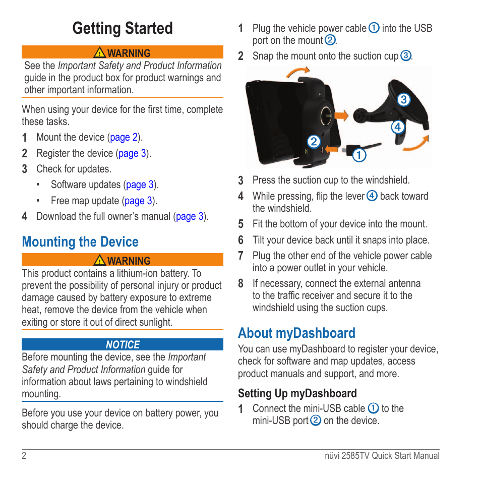 Getting started, Mounting the device, About mydashboard | Garmin nuvi 2585TV User Manual | Page 2 / 8