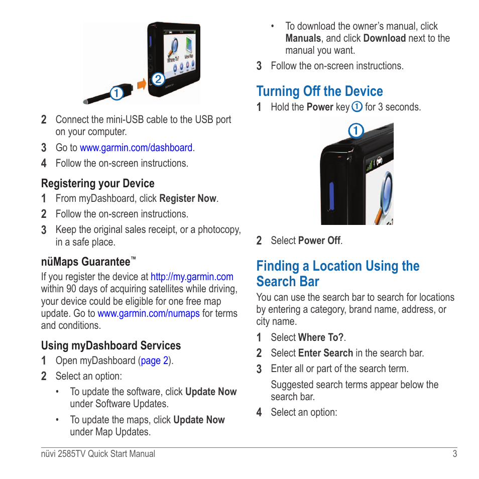 Register the device, Software updates, Turning off the device | Finding a location using the search bar | Garmin nuvi 2585TV User Manual | Page 3 / 8