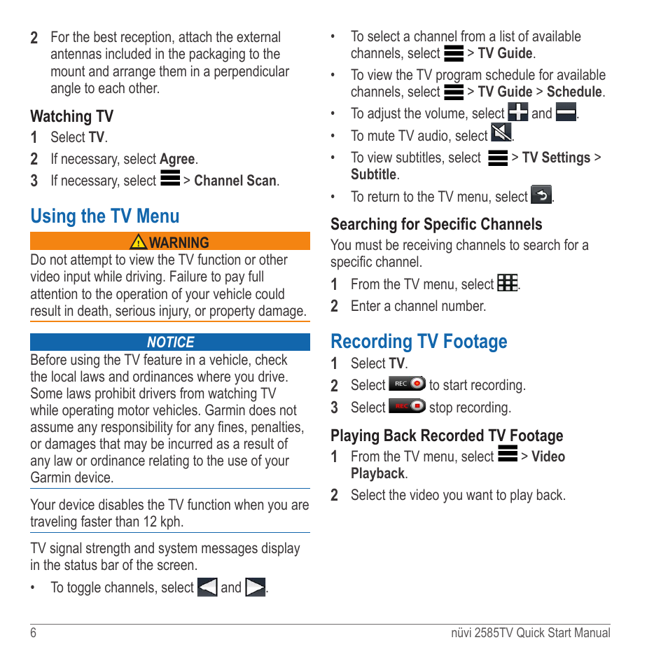 Using the tv menu, Recording tv footage | Garmin nuvi 2585TV User Manual | Page 6 / 8