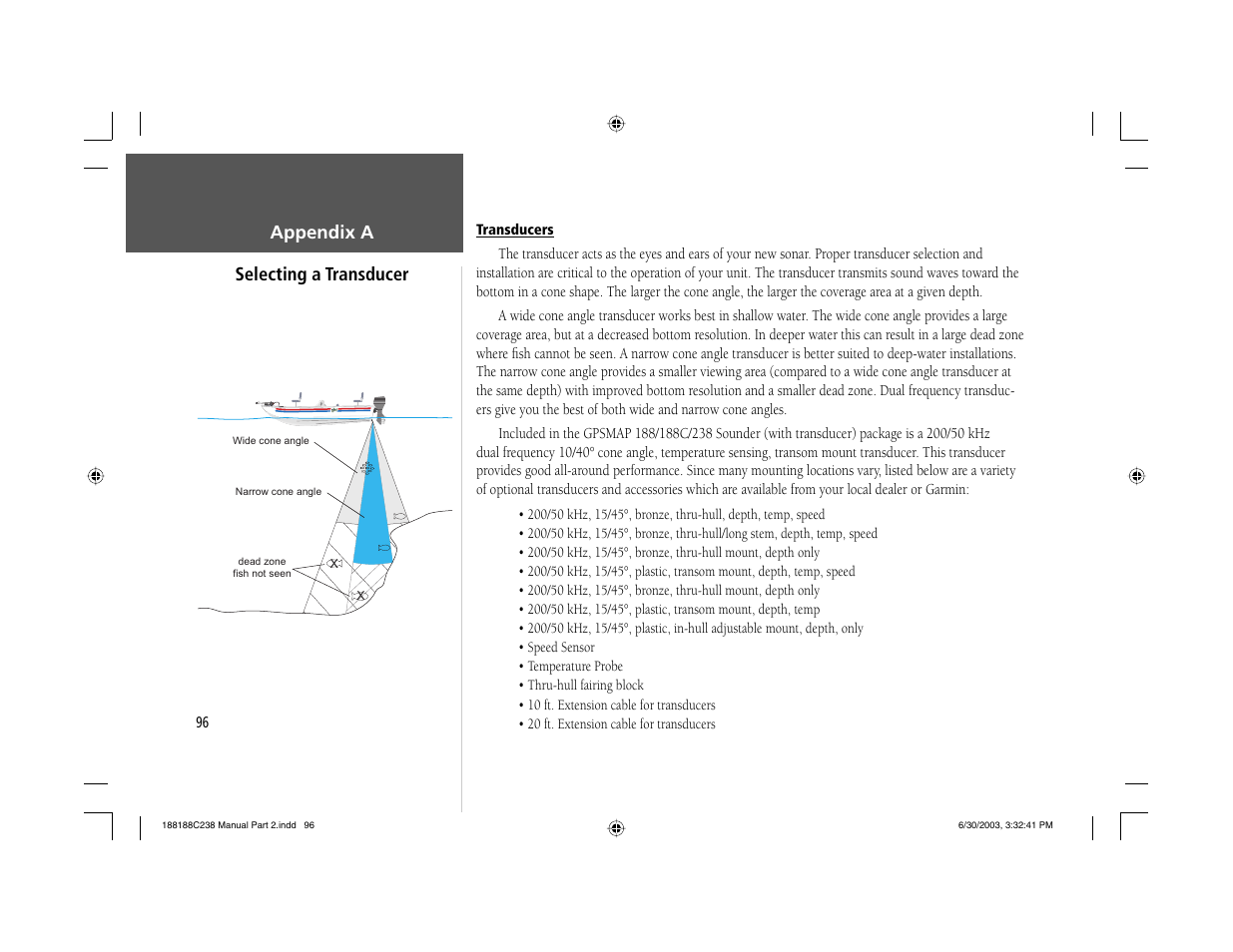 Appendix a selecting a transducer | Garmin GPSMAP 238 Sounder User Manual | Page 106 / 134