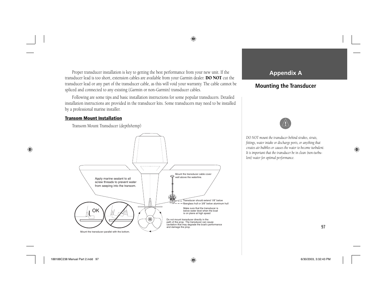 Appendix a mounting the transducer | Garmin GPSMAP 238 Sounder User Manual | Page 107 / 134