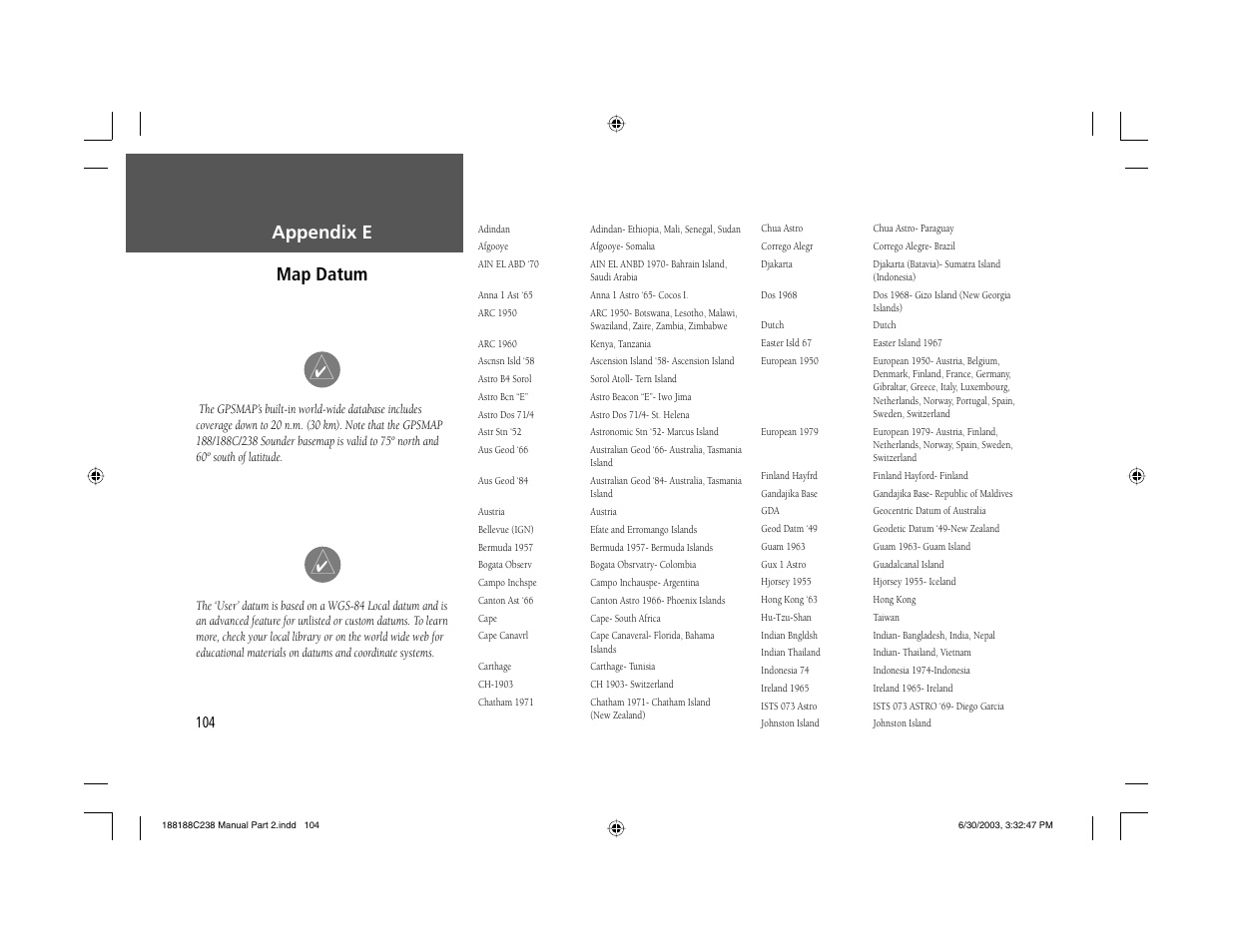 Appendix e map datum | Garmin GPSMAP 238 Sounder User Manual | Page 114 / 134