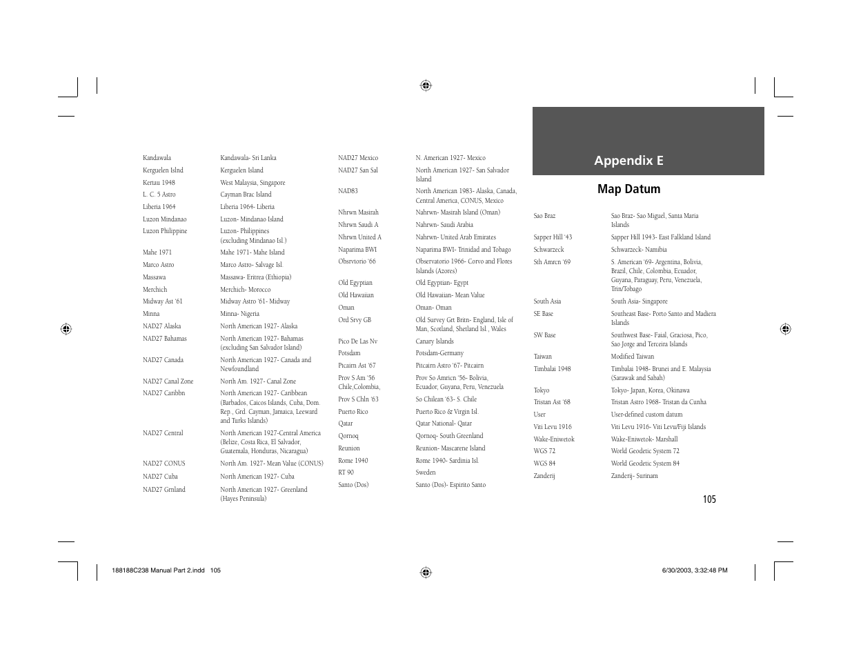 Appendix e map datum | Garmin GPSMAP 238 Sounder User Manual | Page 115 / 134