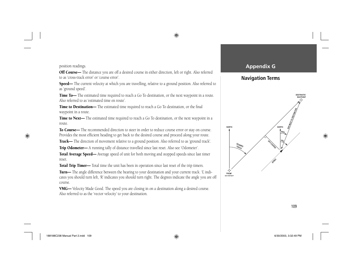 Appendix g navigation terms | Garmin GPSMAP 238 Sounder User Manual | Page 119 / 134