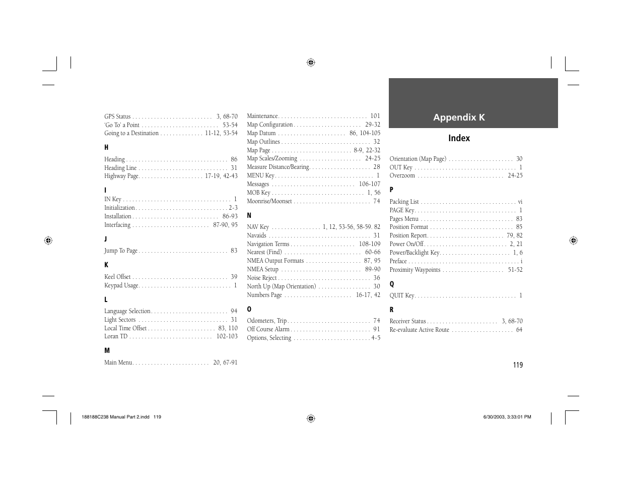 Appendix k index | Garmin GPSMAP 238 Sounder User Manual | Page 129 / 134