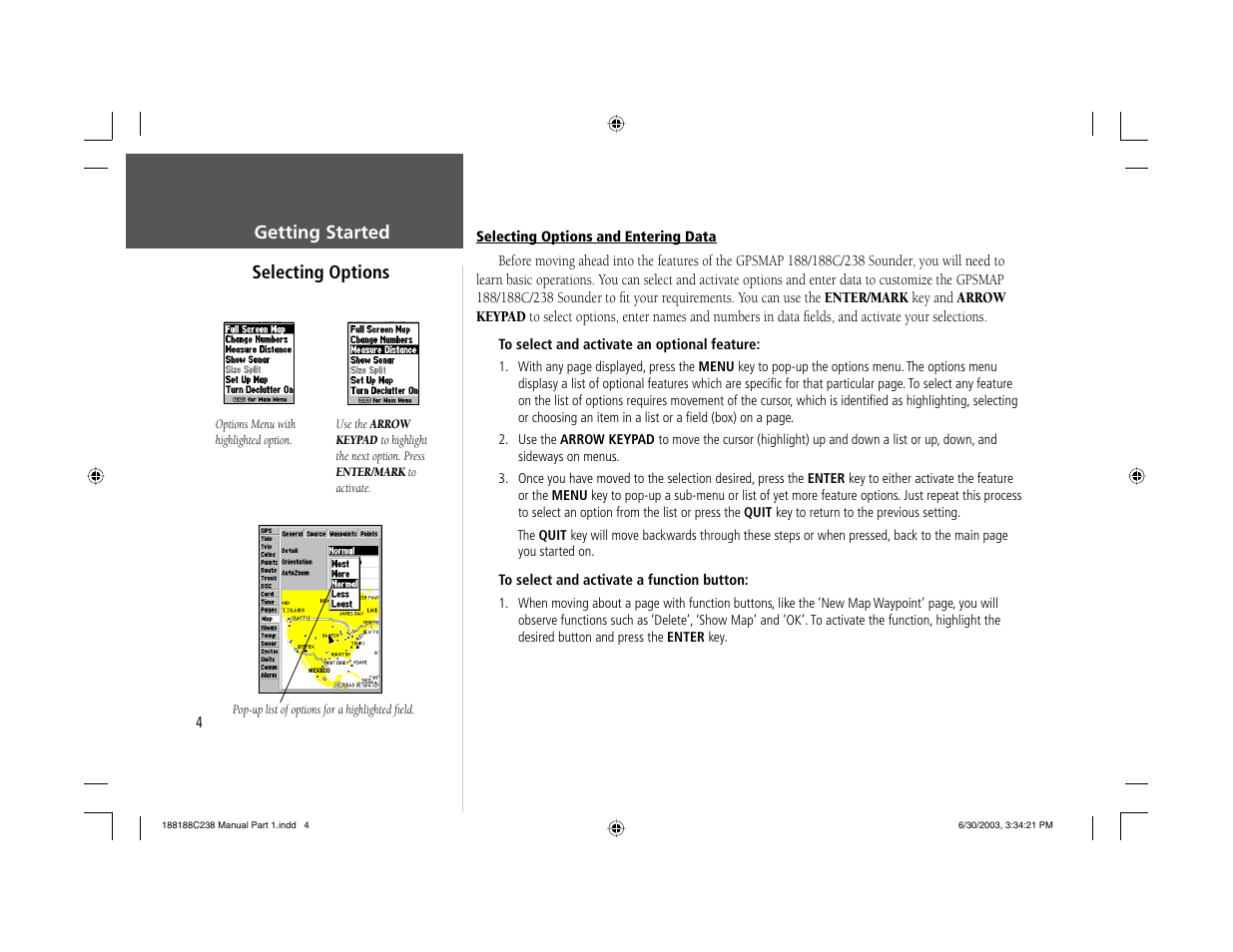 Getting started selecting options | Garmin GPSMAP 238 Sounder User Manual | Page 14 / 134