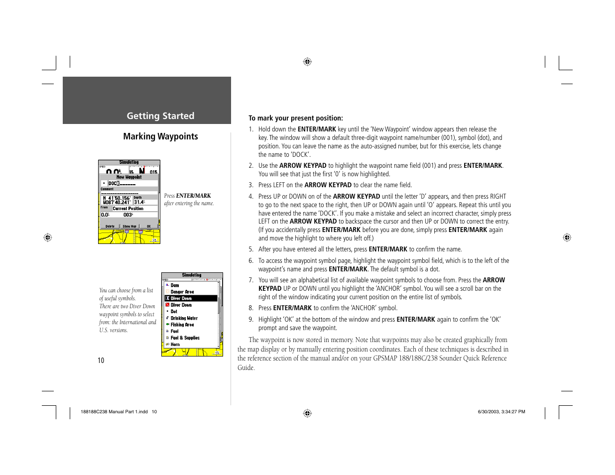 Getting started marking waypoints | Garmin GPSMAP 238 Sounder User Manual | Page 20 / 134