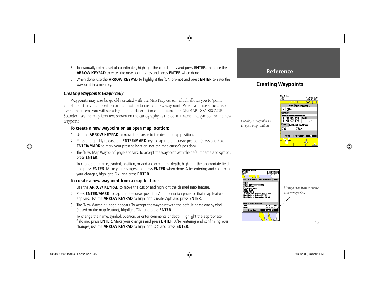 Reference creating waypoints | Garmin GPSMAP 238 Sounder User Manual | Page 55 / 134