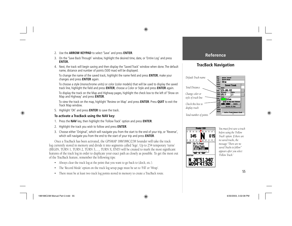 Reference tracback navigation | Garmin GPSMAP 238 Sounder User Manual | Page 65 / 134