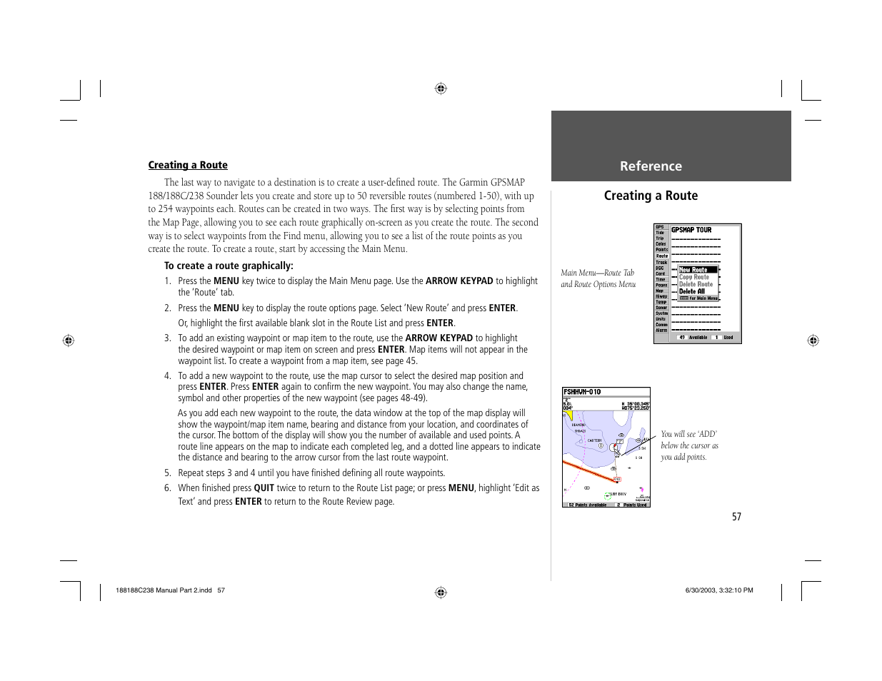 Reference creating a route | Garmin GPSMAP 238 Sounder User Manual | Page 67 / 134