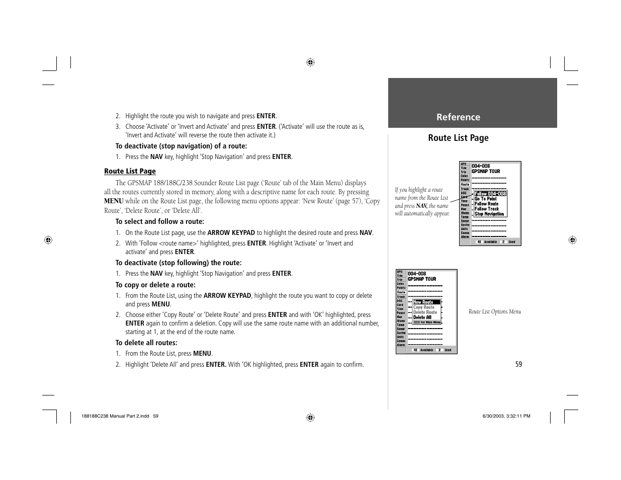 Reference route list page | Garmin GPSMAP 238 Sounder User Manual | Page 69 / 134