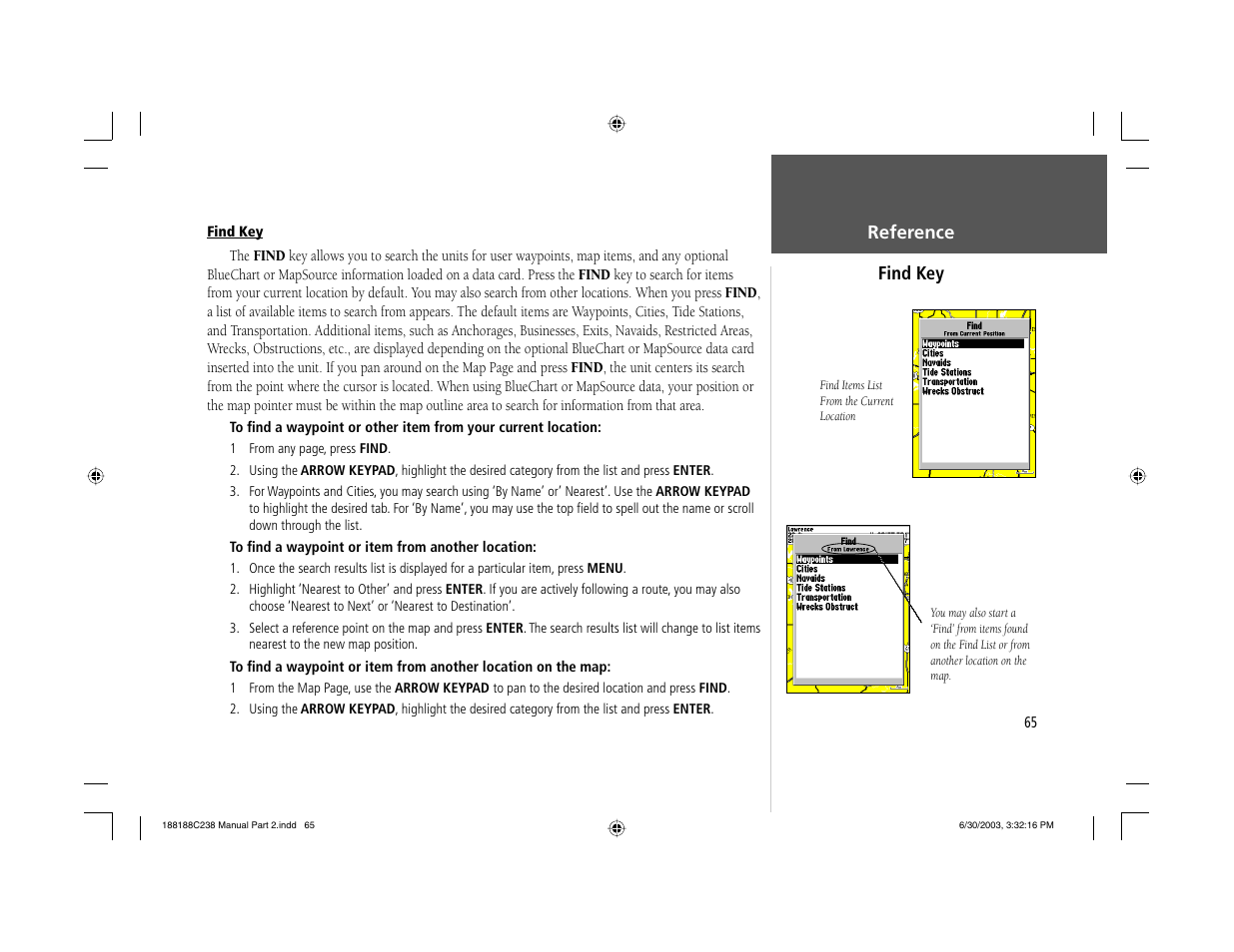 Reference find key | Garmin GPSMAP 238 Sounder User Manual | Page 75 / 134