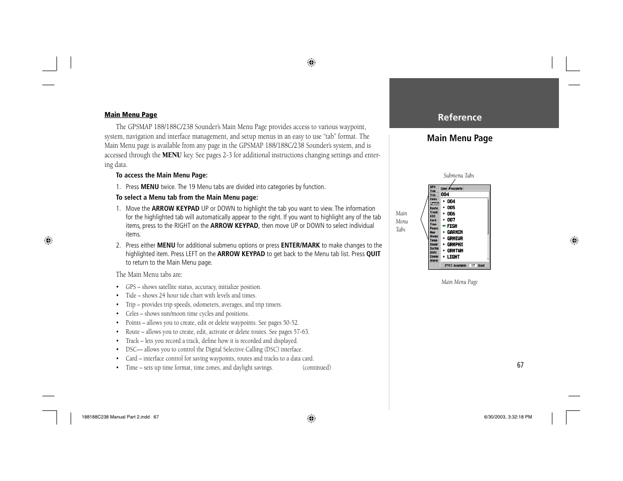 Reference main menu page | Garmin GPSMAP 238 Sounder User Manual | Page 77 / 134