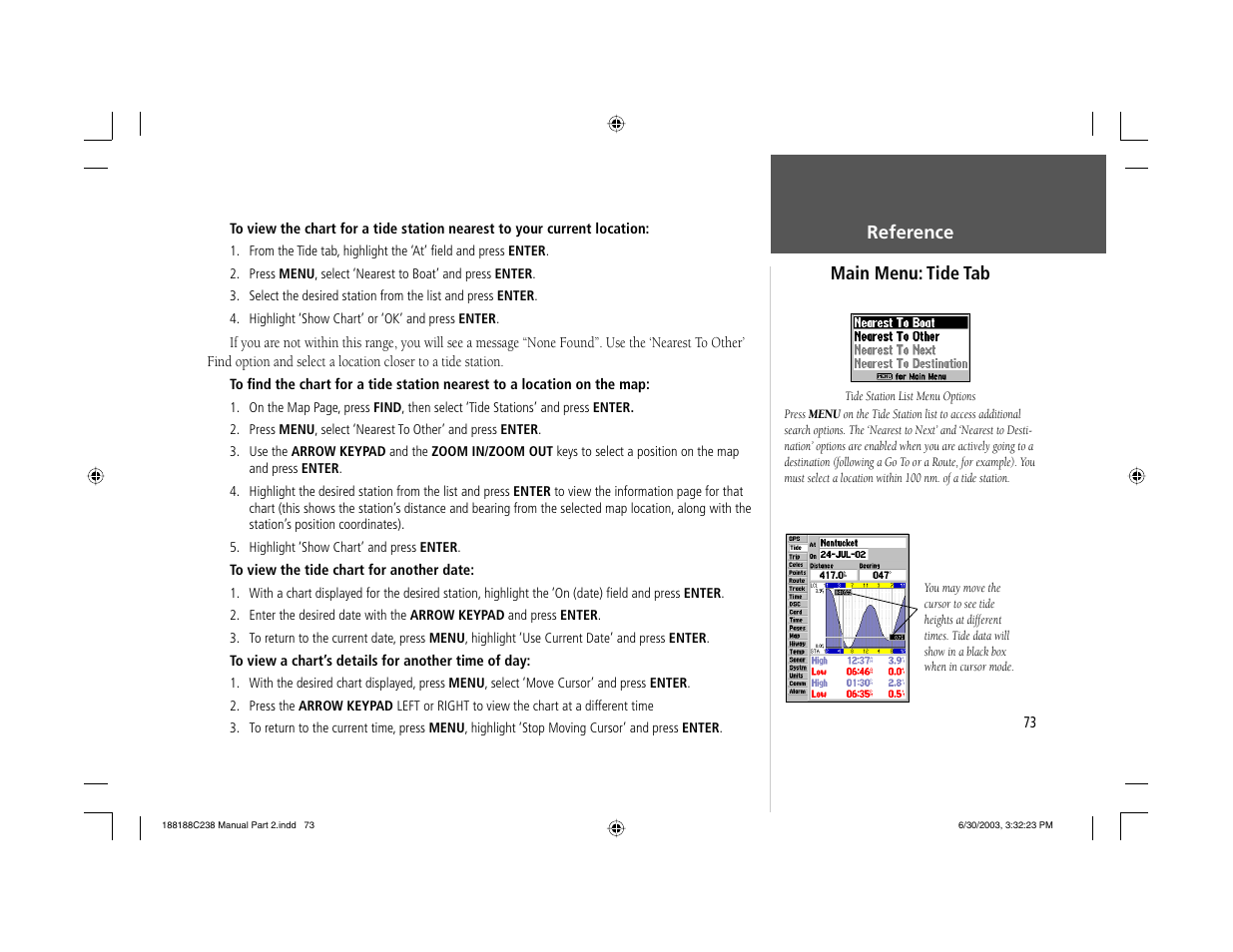 Reference main menu: tide tab | Garmin GPSMAP 238 Sounder User Manual | Page 83 / 134