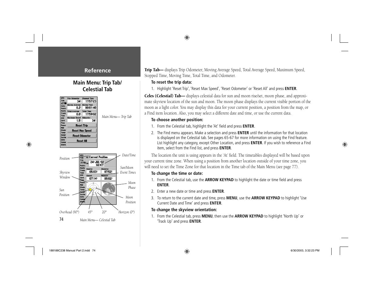 Reference, Main menu: trip tab/ celestial tab | Garmin GPSMAP 238 Sounder User Manual | Page 84 / 134