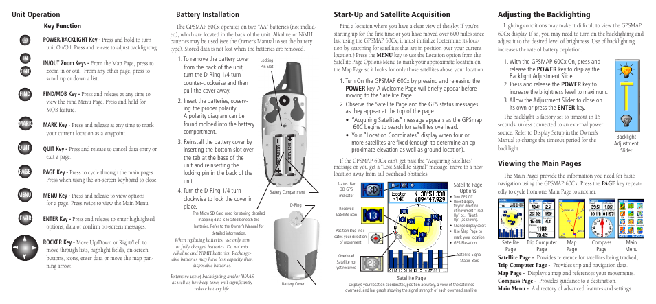 Start-up and satellite acquisition, Unit operation, Battery installation | Adjusting the backlighting, Viewing the main pages | Garmin GPSMAP 60Cx User Manual | Page 2 / 2