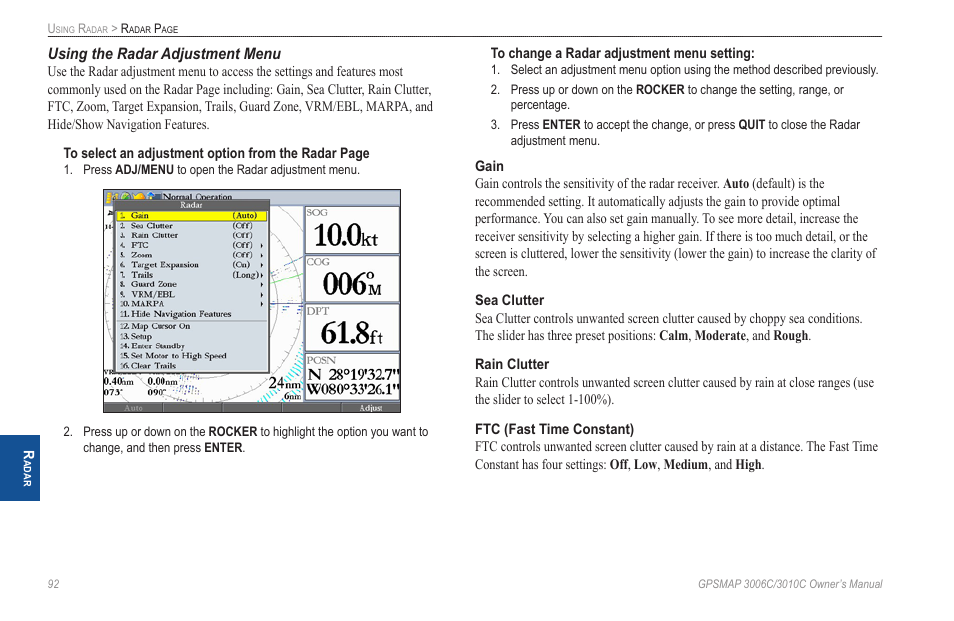 Using the radar adjustment menu | Garmin GPSMAP 3010C User Manual | Page 100 / 130