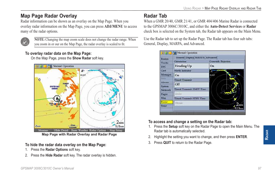 Radar tab, Map page radar overlay | Garmin GPSMAP 3010C User Manual | Page 105 / 130