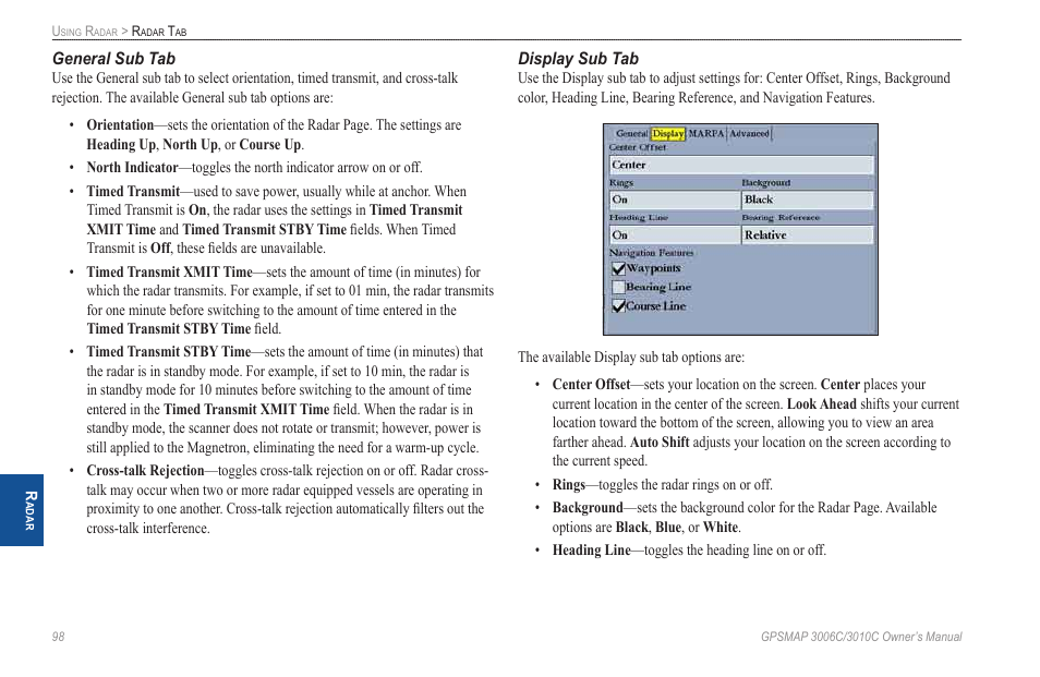 General sub tab, Display sub tab | Garmin GPSMAP 3010C User Manual | Page 106 / 130