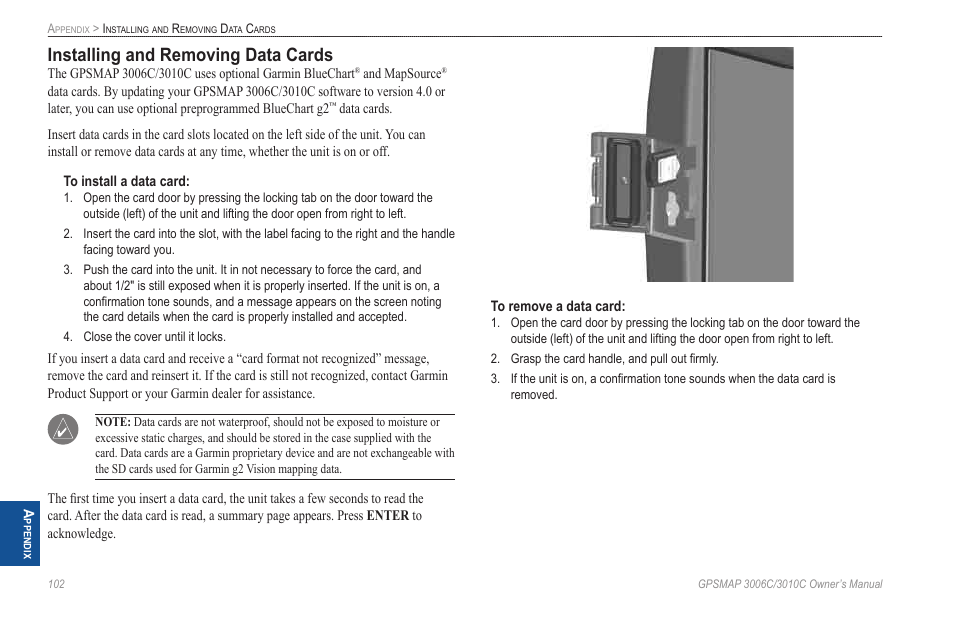 Installing and removing data cards | Garmin GPSMAP 3010C User Manual | Page 110 / 130