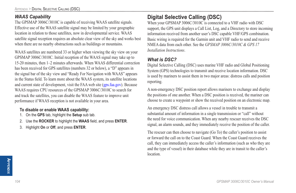 Waas capability, Digital selective calling (dsc), What is dsc | Garmin GPSMAP 3010C User Manual | Page 112 / 130